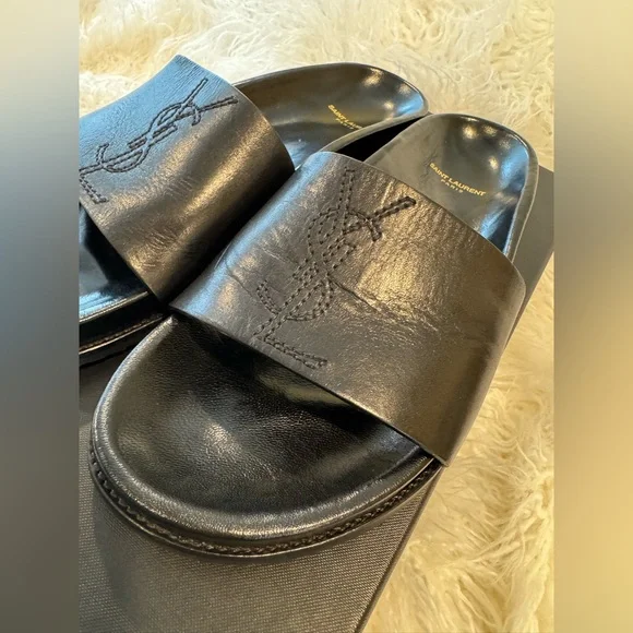 Yves Saint Laurent YSL Black Nero Leather Slides Mens Size 